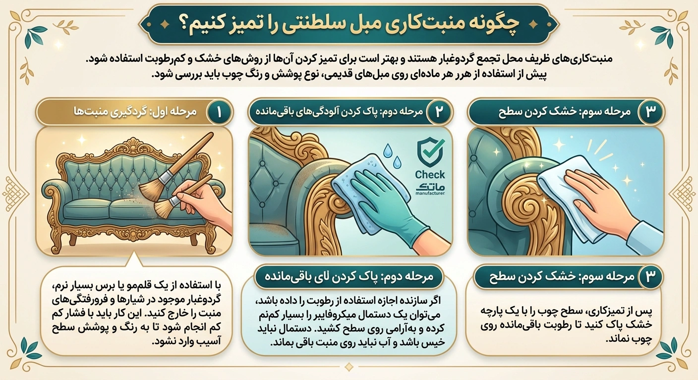 چگونه منبت‌کاری و قسمت‌های چوبی مبل سلطنتی را تمیز کنیم؟