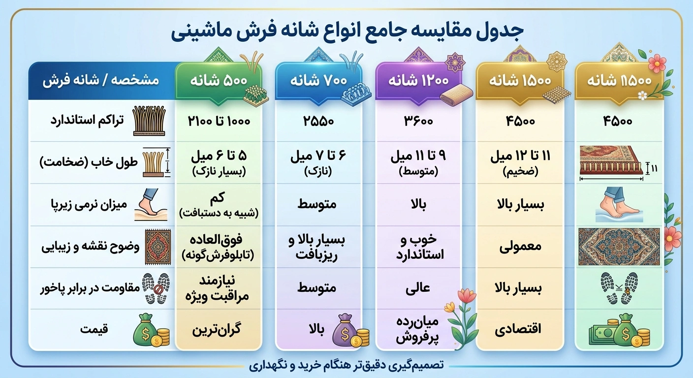 جدول مقایسه جامع انواع شانه فرش ماشینی